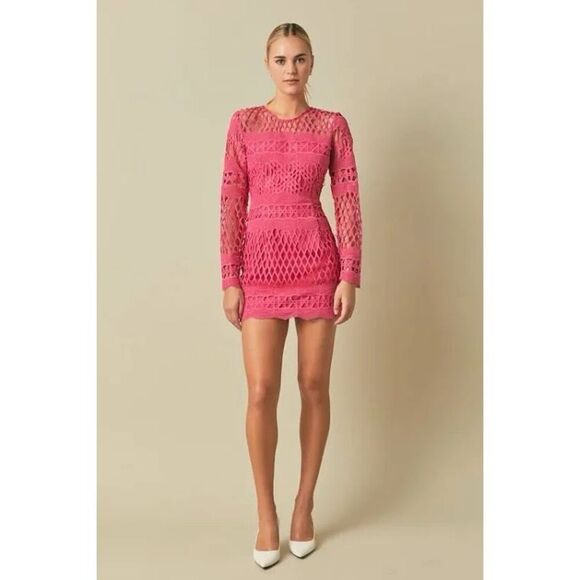 Endless Rose Long Sleeve Crochet Mini Dress in Fuschia, Medium $170 MSRP - Picture 5 of 5